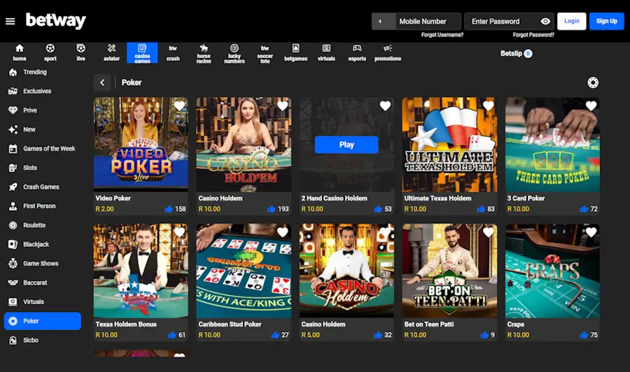 Betway Poker Games Screenshot